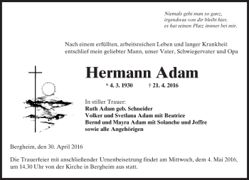 Traueranzeige von Hermann Adam von  Kreisanzeiger