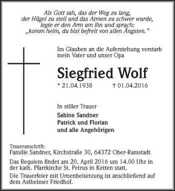 Traueranzeige von Siegfried Wolf von trauer.echo-online.de
