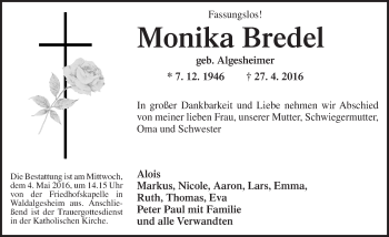 Traueranzeige von Monika Bredel von  Allgemeine  Zeitung Ingelheim-Bingen