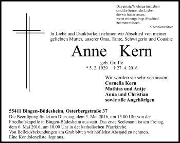 Traueranzeige von Anne Kern von  Allgemeine  Zeitung Ingelheim-Bingen