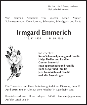 Traueranzeige von Irmgard Emmerich von trauer.echo-online.de