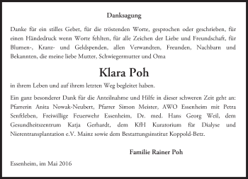 Traueranzeige von Klara Poh von  Allgemeine Zeitung Mainz