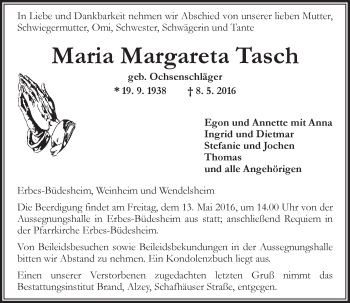 Traueranzeige von Maria Margareta Tasch von  Allgemeine Zeitung Alzey