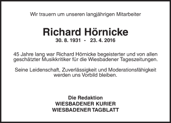 Traueranzeige von Richard Hörnicke von  Wiesbaden komplett