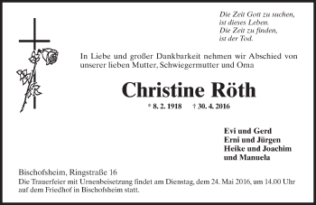 Traueranzeige von Christine Röth von  Allgemeine Zeitung Mainz