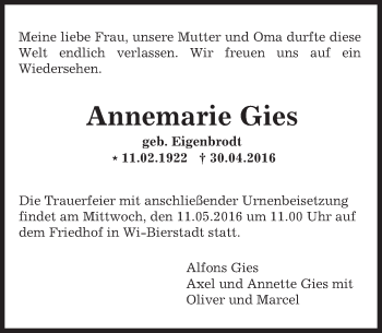 Traueranzeige von Annemarie Gies von  Wiesbaden komplett