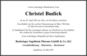 Traueranzeige von Christel Budick von  Allgemeine  Zeitung Ingelheim-Bingen