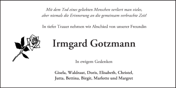 Traueranzeige von Irmgard Gotzmann von Trauerportal Echo Online