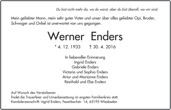 Traueranzeige von Werner Enders von  Wiesbaden komplett
