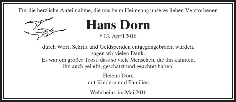  Traueranzeige für Hans Dorn vom 21.05.2016 aus  Usinger Anzeiger