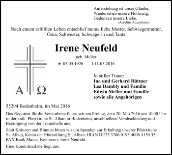 Traueranzeige von Irene Neufeld von  Allgemeine Zeitung Mainz
