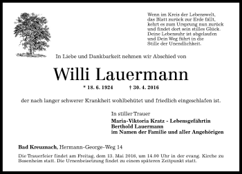 Traueranzeige von Willi Lauermann von  Allg. Zeitung Bad Kreuznach