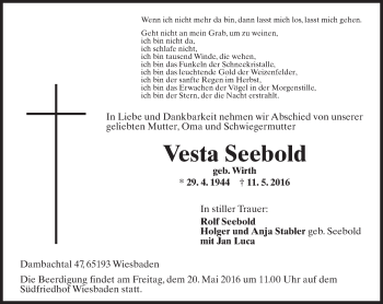 Traueranzeige von Vesta Seebold von  Wiesbaden komplett