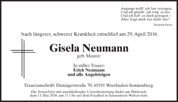 Traueranzeige von Gisela Neumann von  Wiesbaden komplett
