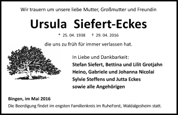 Traueranzeige von Ursula Siefert-Eckes von  Allg. Zeitung Bad Kreuznach