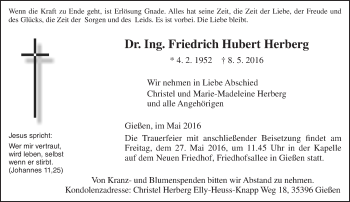 Traueranzeige von Friedrich Hubert Herberg von  Gießener Anzeiger