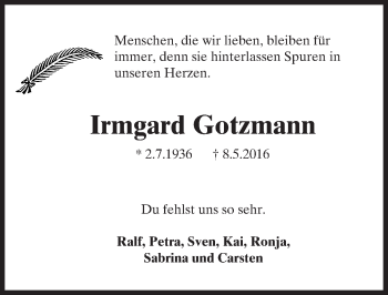 Traueranzeige von Irmgard Gotzmann von Trauerportal Echo Online