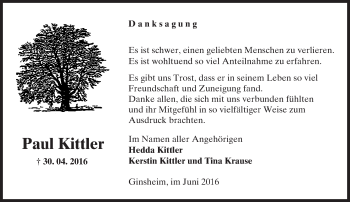 Traueranzeige von Paul Kittler von  Allgemeine Zeitung Mainz