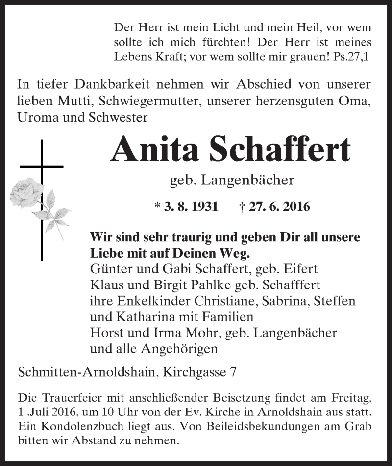  Traueranzeige für Anita Schaffert vom 30.06.2016 aus  Usinger Anzeiger