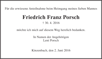Traueranzeige von Friedrich Franz Porsch von  Gießener Anzeiger