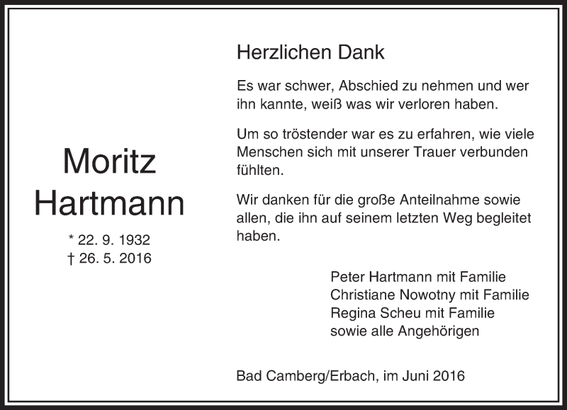  Traueranzeige für Moritz Hartmann vom 30.06.2016 aus  Camberger Anzeiger