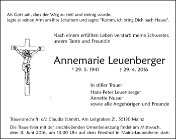 Traueranzeige von Annemarie Leuenberger von  Allgemeine Zeitung Mainz
