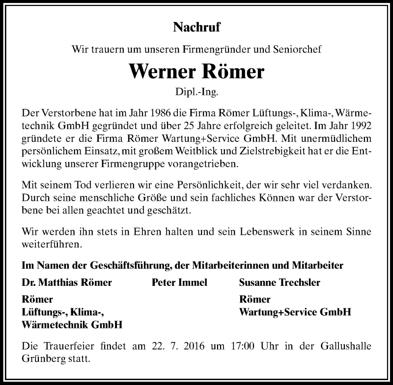  Traueranzeige für Werner Römer vom 09.07.2016 aus  Kreisanzeiger