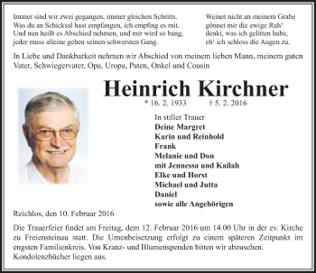 Traueranzeige von Heinrich Kirchner von  Lauterbacher Anzeiger