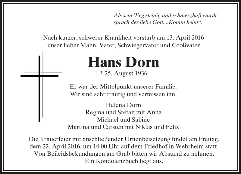  Traueranzeige für Hans Dorn vom 18.04.2016 aus  Usinger Anzeiger