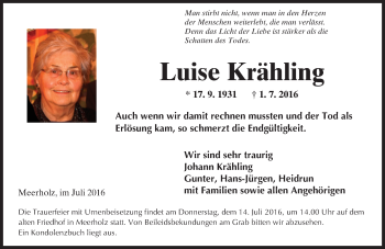 Traueranzeige von Luise Krähling von  Gelnhäuser Tageblatt