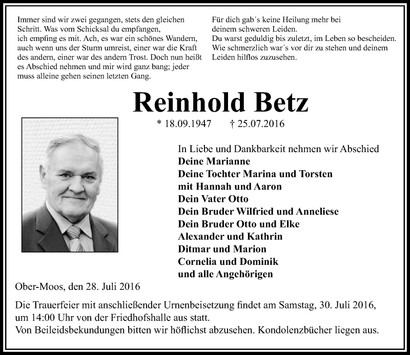  Traueranzeige für Reinhold Betz vom 28.07.2016 aus VRM Trauer
