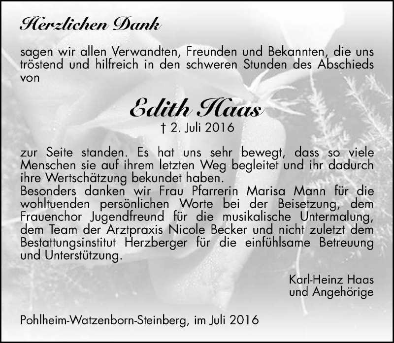  Traueranzeige für Edith Haas vom 22.07.2016 aus  Gießener Anzeiger