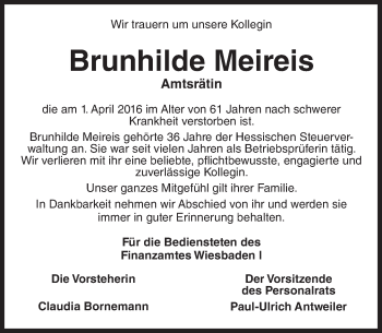 Traueranzeige von Brunhilde Meireis von trauer.rmp.de