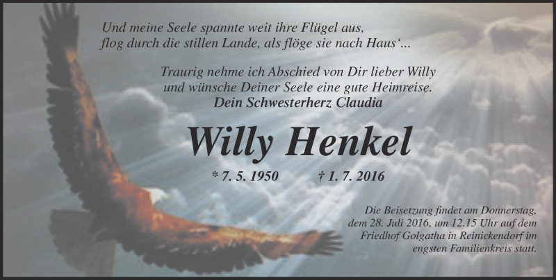  Traueranzeige für Willy Henkel vom 13.07.2016 aus  Gelnhäuser Tageblatt