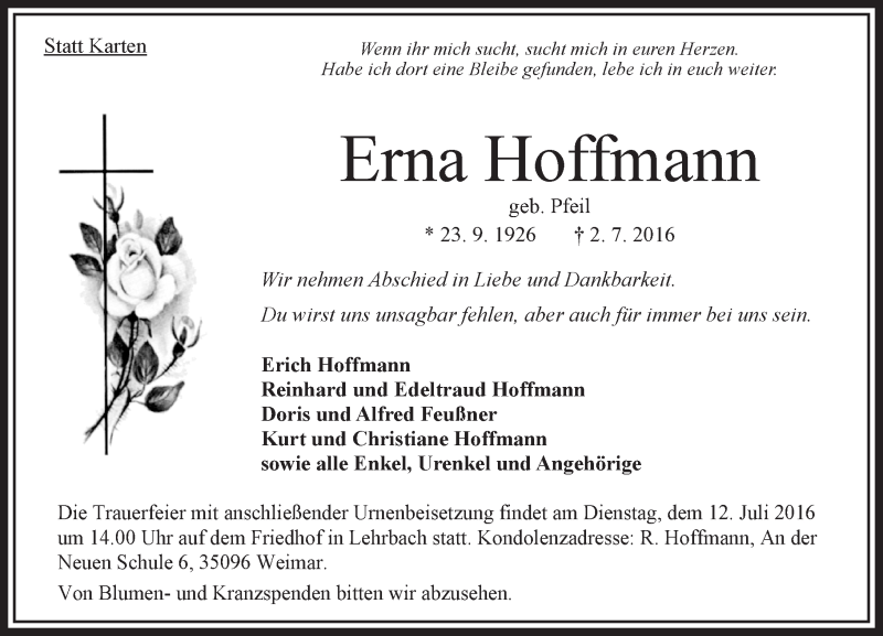  Traueranzeige für Erna Hoffmann vom 08.07.2016 aus  Oberhessische Zeitung