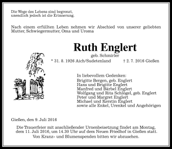 Traueranzeige von Ruth Englert von  Gießener Anzeiger