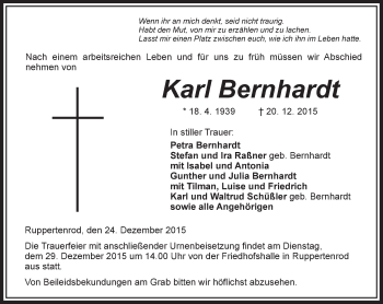 Traueranzeige von Karl Bernhardt von  Oberhessische Zeitung