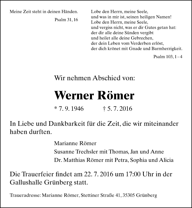  Traueranzeige für Werner Römer vom 09.07.2016 aus  Gießener Anzeiger