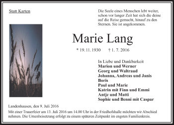 Traueranzeige von Marie Lang von  Lauterbacher Anzeiger