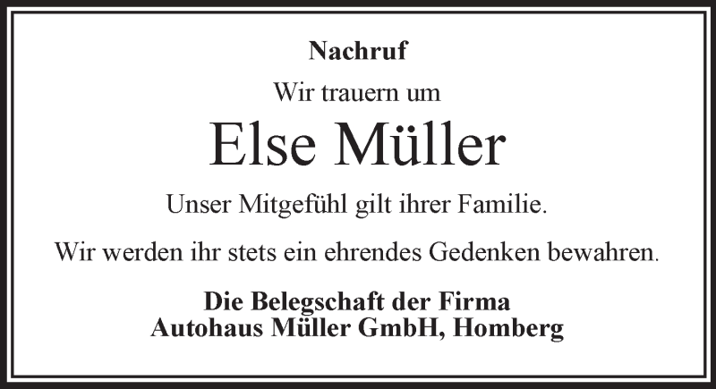  Traueranzeige für Else Müller vom 07.07.2016 aus  Oberhessische Zeitung