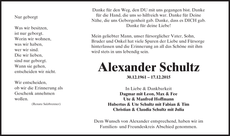  Traueranzeige für Alexander Schultz vom 02.01.2016 aus  Kreisanzeiger