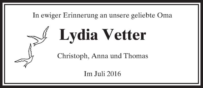 Traueranzeige für Lydia Vetter vom 13.07.2016 aus  Usinger Anzeiger