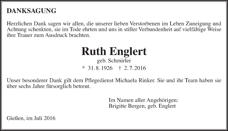  Traueranzeige für Ruth Englert vom 30.07.2016 aus  Gießener Anzeiger