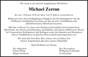 Traueranzeige von Michael Zerrun von  Hofheimer Zeitung