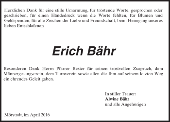 Traueranzeige von Erich Bähr von  Wormser Zeitung