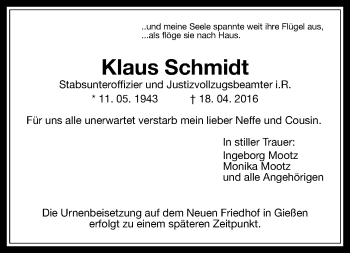 Traueranzeige von Klaus Schmidt von  Gießener Anzeiger