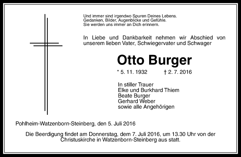  Traueranzeige für Otto Burger vom 05.07.2016 aus  Gießener Anzeiger