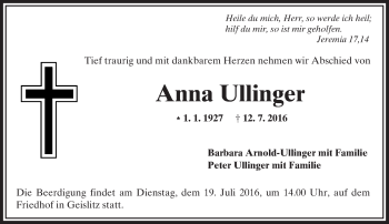 Traueranzeige von Anna Ullinger von  Gelnhäuser Tageblatt