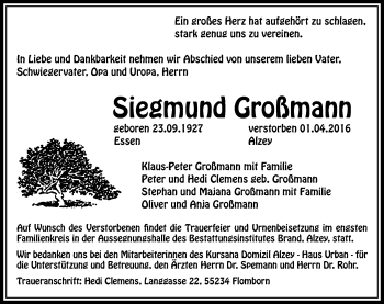 Traueranzeige von Siegmund Großmann von  Allgemeine Zeitung Alzey
