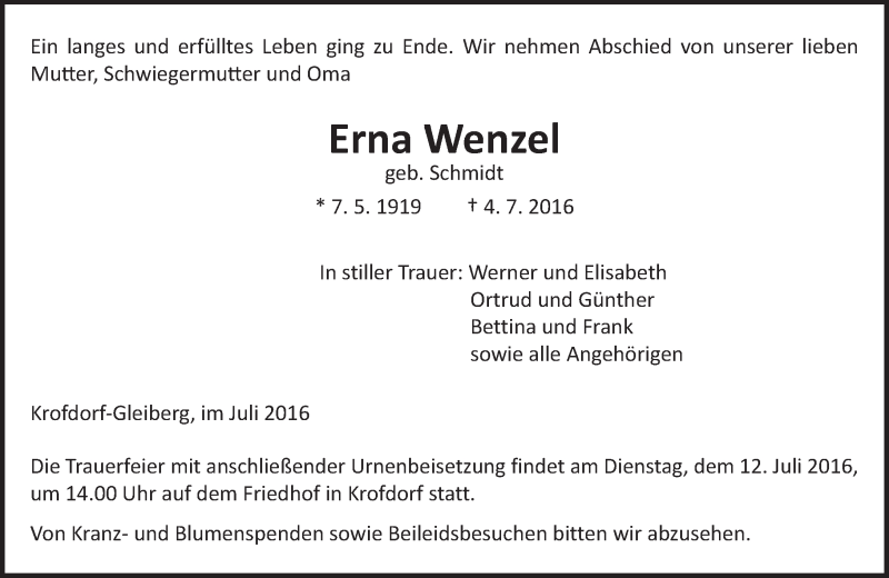  Traueranzeige für Erna Wenzel vom 06.07.2016 aus  Gießener Anzeiger